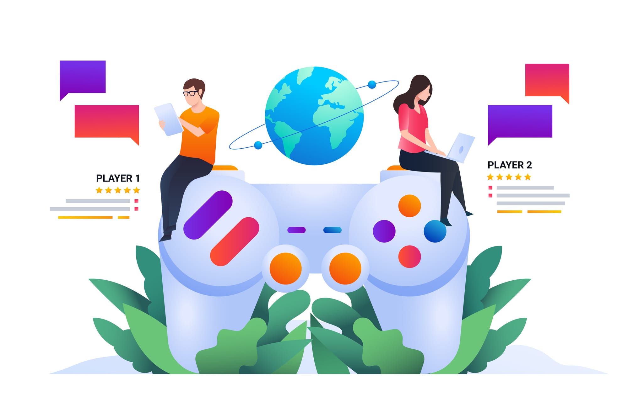 Ilustração de pessoas interagindo com elementos de tecnologia e educação, como telas, livros e gráficos, em um ambiente moderno e criativo, representando aprendizado gamificado